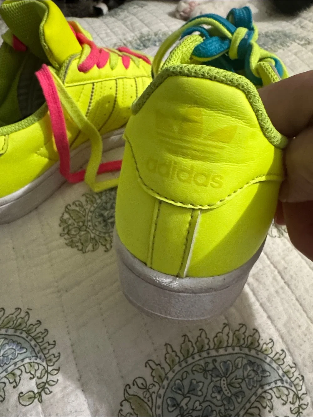 adidas Neon Yellow Sneakers with Pink & Blue Laces